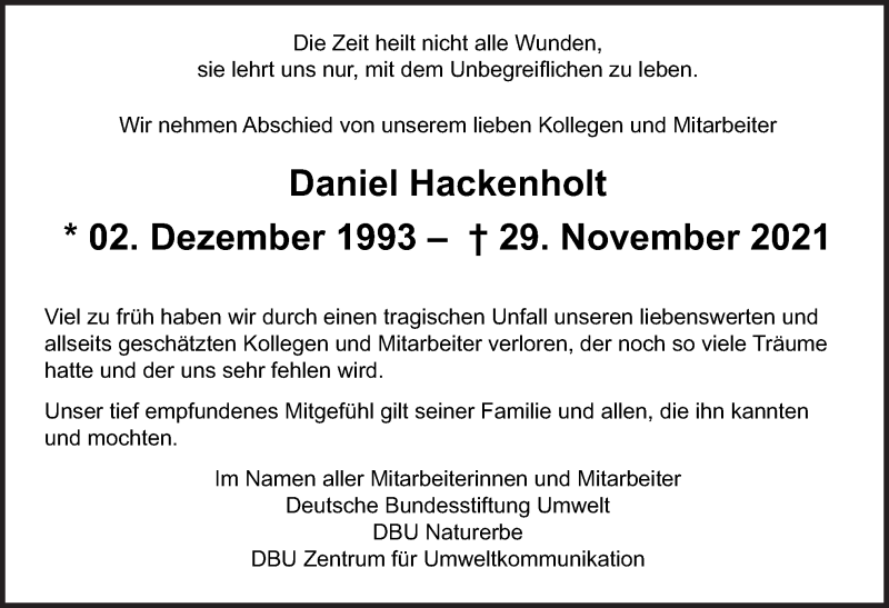  Traueranzeige für Daniel Hackenholt vom 04.12.2021 aus Neue Osnabrücker Zeitung GmbH & Co. KG