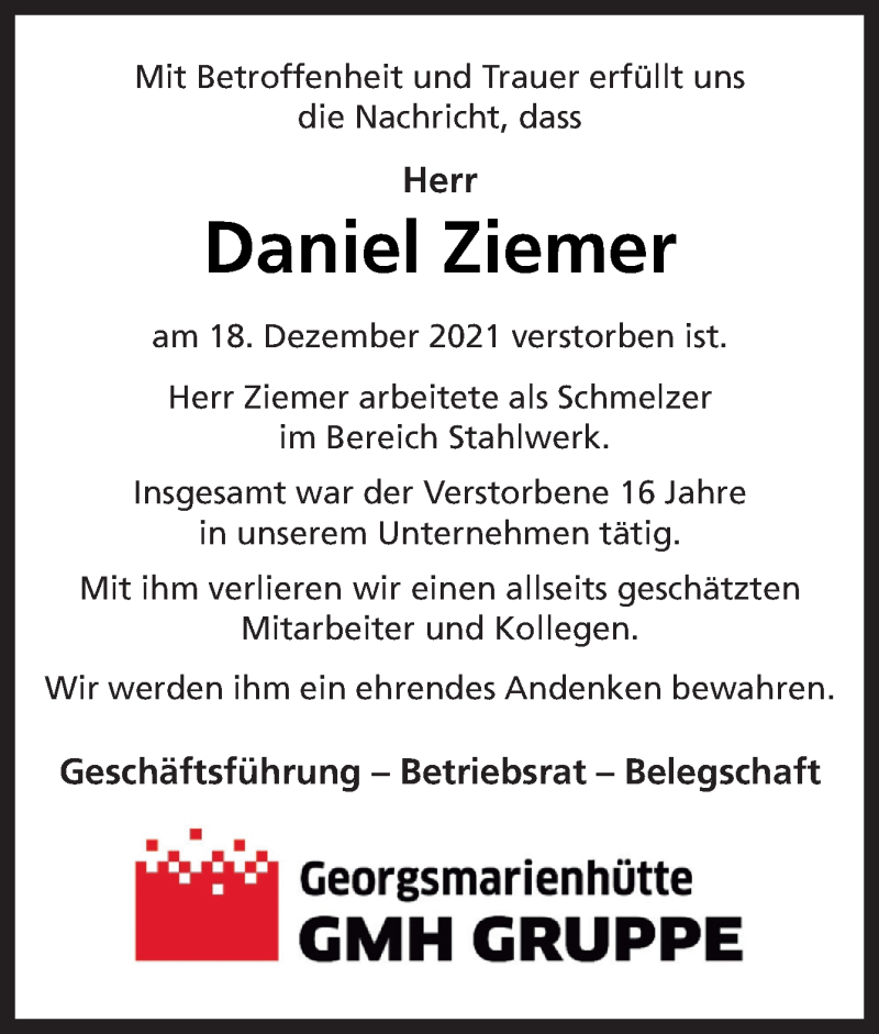  Traueranzeige für Daniel Ziemer vom 29.12.2021 aus Neue Osnabrücker Zeitung GmbH & Co. KG