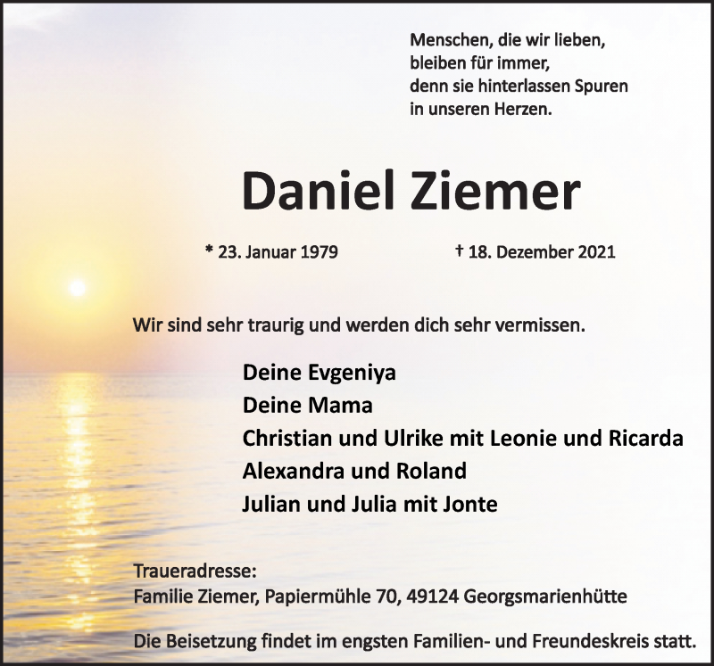  Traueranzeige für Daniel Ziemer vom 24.12.2021 aus Neue Osnabrücker Zeitung GmbH & Co. KG