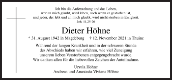 Traueranzeige von Dieter Höhne von Neue Osnabrücker Zeitung GmbH & Co. KG