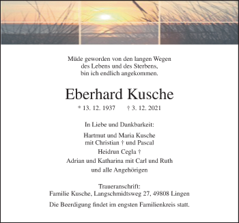 Traueranzeige von Eberhard Kusche von Neue Osnabrücker Zeitung GmbH & Co. KG