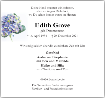 Traueranzeige von Edith Grove von Neue Osnabrücker Zeitung GmbH & Co. KG