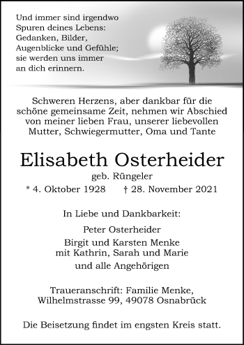 Traueranzeige von Elisabeth Osterheider von Neue Osnabrücker Zeitung GmbH & Co. KG