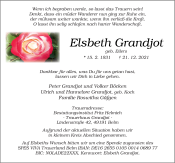 Traueranzeige von Elsbeth Grandjot von Neue Osnabrücker Zeitung GmbH & Co. KG