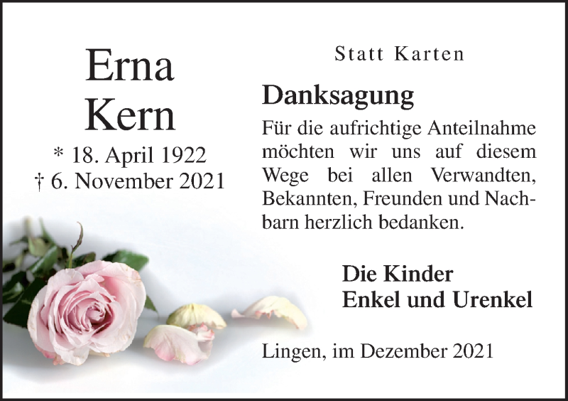  Traueranzeige für Erna Kern vom 23.12.2021 aus Neue Osnabrücker Zeitung GmbH & Co. KG