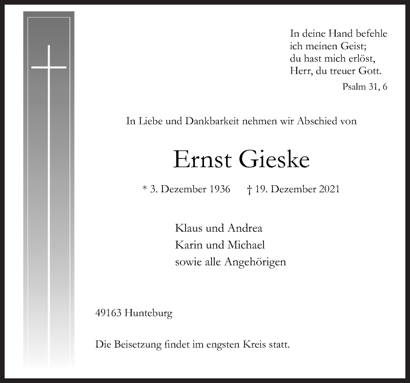  Traueranzeige für Ernst Gieske vom 21.12.2021 aus Neue Osnabrücker Zeitung GmbH & Co. KG
