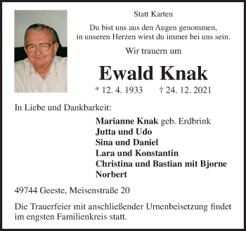 Traueranzeige von Ewald Knak von Neue Osnabrücker Zeitung GmbH & Co. KG