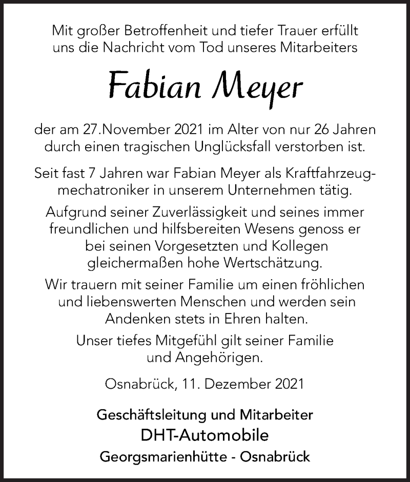  Traueranzeige für Fabian Meyer vom 11.12.2021 aus Neue Osnabrücker Zeitung GmbH & Co. KG