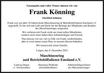Traueranzeige von Frank Könning von Neue Osnabrücker Zeitung GmbH & Co. KG