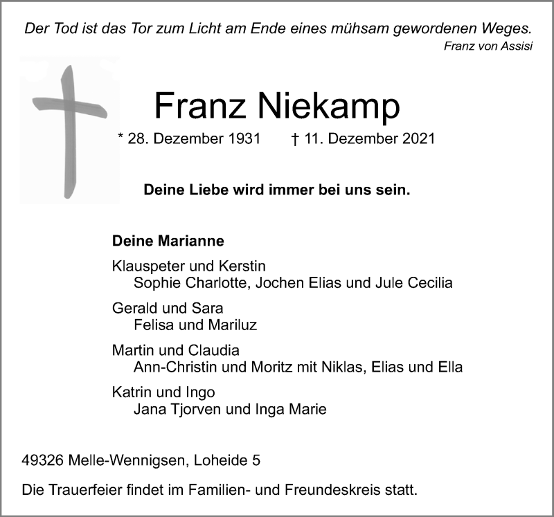  Traueranzeige für Franz Niekamp vom 14.12.2021 aus Neue Osnabrücker Zeitung GmbH & Co. KG