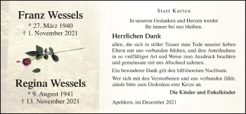 Traueranzeige von Franz Wessels von Neue Osnabrücker Zeitung GmbH & Co. KG