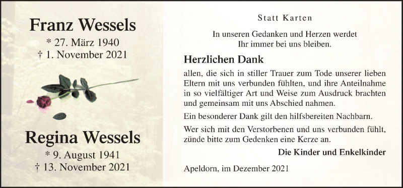  Traueranzeige für Franz Wessels vom 22.12.2021 aus Neue Osnabrücker Zeitung GmbH & Co. KG