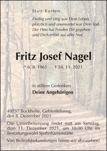 Traueranzeige von Fritz Josef Nagel von Neue Osnabrücker Zeitung GmbH & Co. KG