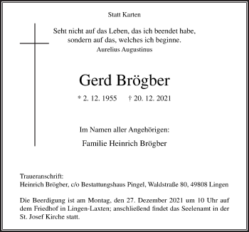 Traueranzeige von Gerd Brögber von Neue Osnabrücker Zeitung GmbH & Co. KG