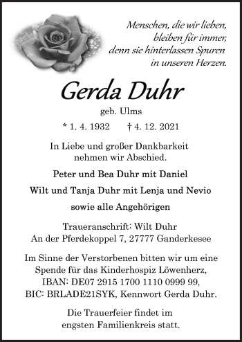 Traueranzeige von Gerda Duhr von Neue Osnabrücker Zeitung GmbH & Co. KG