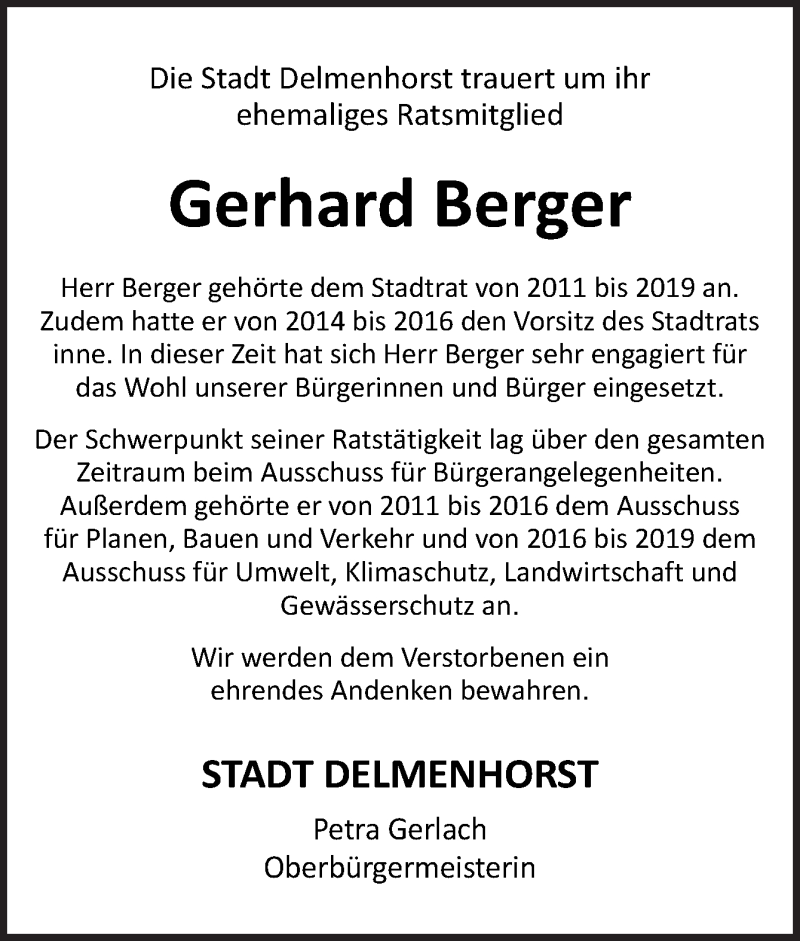  Traueranzeige für Gerhard Berger vom 04.12.2021 aus Neue Osnabrücker Zeitung GmbH & Co. KG