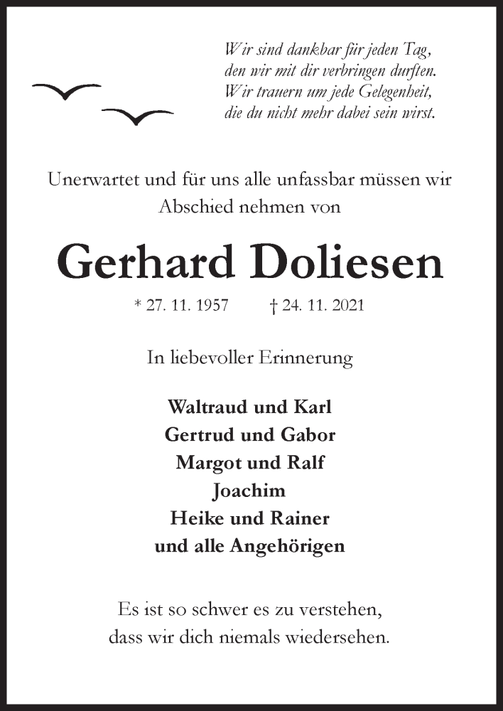  Traueranzeige für Gerhard Doliesen vom 30.11.2021 aus Neue Osnabrücker Zeitung GmbH & Co. KG