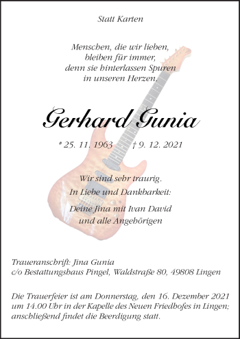 Traueranzeige von Gerhard Gunia von Neue Osnabrücker Zeitung GmbH & Co. KG