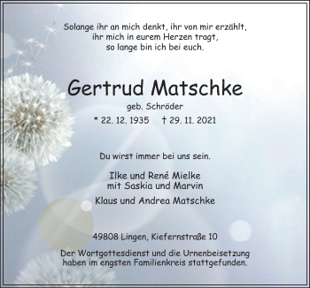 Traueranzeige von Gertrud Matschke von Neue Osnabrücker Zeitung GmbH & Co. KG