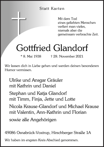 Traueranzeige von Gottfried Glandorf von Neue Osnabrücker Zeitung GmbH & Co. KG