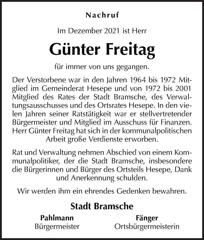  Traueranzeige für Günter Freitag vom 18.12.2021 aus Neue Osnabrücker Zeitung GmbH & Co. KG