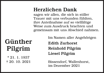 Traueranzeige von Günther Pilgrim von Neue Osnabrücker Zeitung GmbH & Co. KG