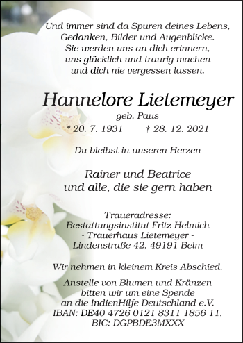 Traueranzeige von Hannelore Lietemeyer von Neue Osnabrücker Zeitung GmbH & Co. KG