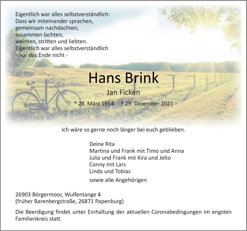  Traueranzeige für Hans Brink vom 31.12.2021 aus Neue Osnabrücker Zeitung GmbH & Co. KG