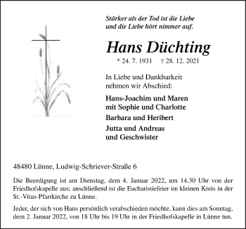 Traueranzeige von Hans Düchting von Neue Osnabrücker Zeitung GmbH & Co. KG