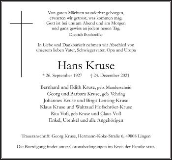 Traueranzeige von Hans Kruse von Neue Osnabrücker Zeitung GmbH & Co. KG