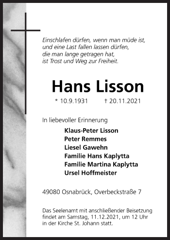 Traueranzeige von Hans Lisson von Neue Osnabrücker Zeitung GmbH & Co. KG