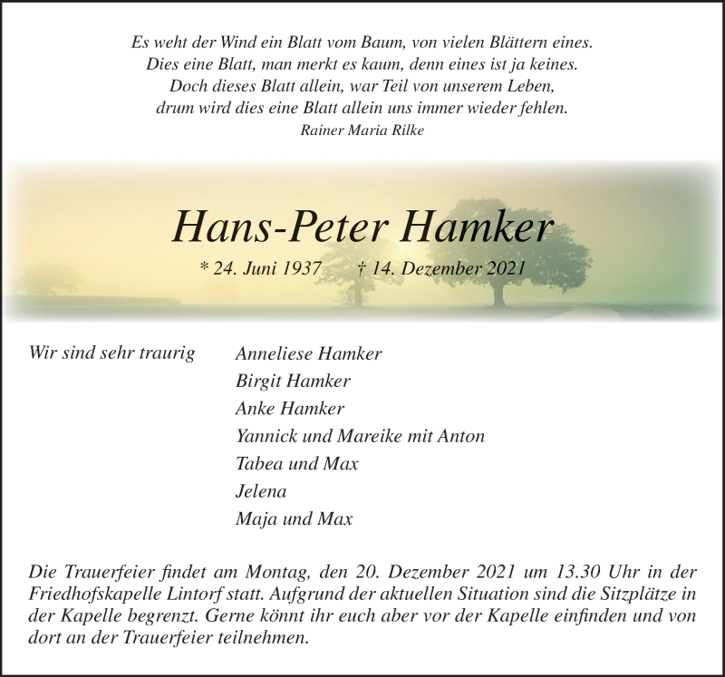  Traueranzeige für Hans-Peter Hamker vom 16.12.2021 aus Neue Osnabrücker Zeitung GmbH & Co. KG