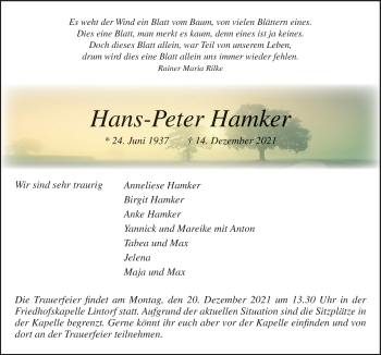 Traueranzeige von Hans-Peter Hamker von Neue Osnabrücker Zeitung GmbH & Co. KG