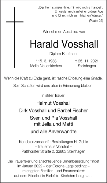 Traueranzeige von Harald Vosshall von Neue Osnabrücker Zeitung GmbH & Co. KG