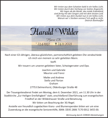 Traueranzeige von Harald Wilder von Neue Osnabrücker Zeitung GmbH & Co. KG