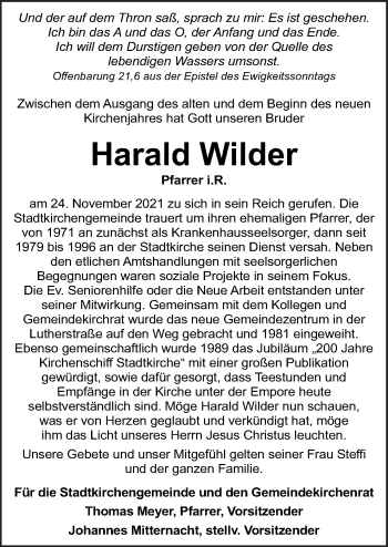 Traueranzeige von Harald Wilder von Neue Osnabrücker Zeitung GmbH & Co. KG