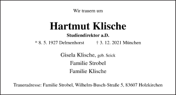 Traueranzeige von Hartmut Klische von Neue Osnabrücker Zeitung GmbH & Co. KG