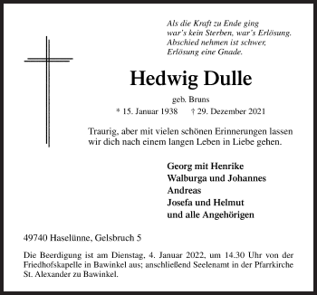 Traueranzeige von Hedwig Dulle von Neue Osnabrücker Zeitung GmbH & Co. KG