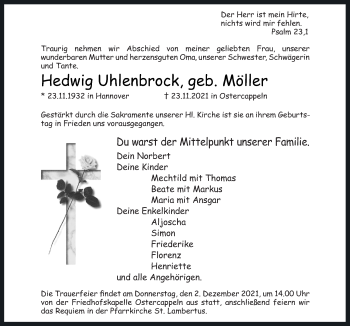 Traueranzeige von Hedwig Uhlenbrock von Neue Osnabrücker Zeitung GmbH & Co. KG