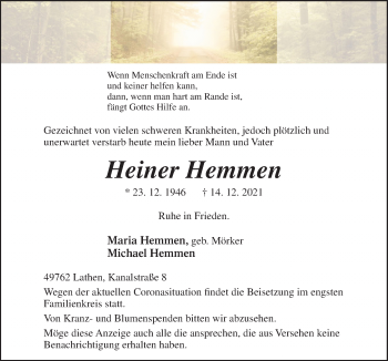 Traueranzeige von Heiner Hemmen von Neue Osnabrücker Zeitung GmbH & Co. KG