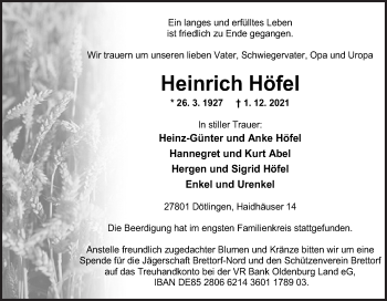Traueranzeige von Heinrich Höfel von Neue Osnabrücker Zeitung GmbH & Co. KG