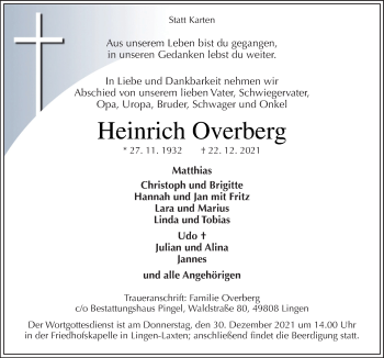 Traueranzeige von Heinrich Overberg von Neue Osnabrücker Zeitung GmbH & Co. KG