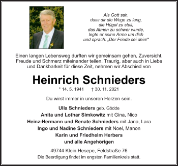 Traueranzeige von Heinrich Schnieders von Neue Osnabrücker Zeitung GmbH & Co. KG