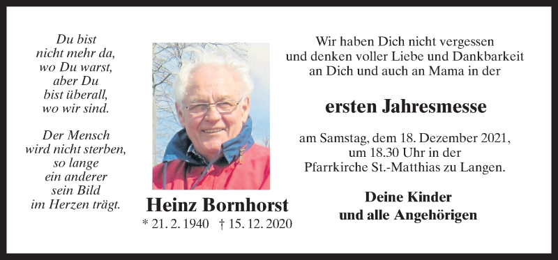 Traueranzeige für Heinz Bornhorst vom 15.12.2021 aus Neue Osnabrücker Zeitung GmbH & Co. KG