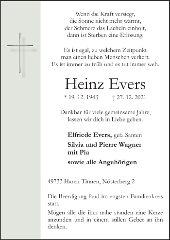 Traueranzeige von Heinz Evers von Neue Osnabrücker Zeitung GmbH & Co. KG