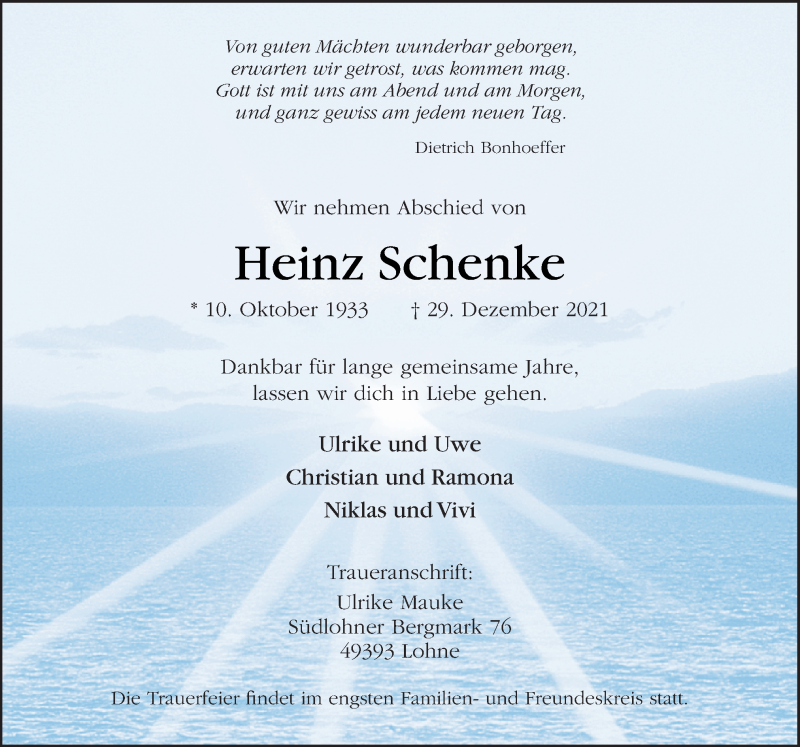  Traueranzeige für Heinz Schenke vom 31.12.2021 aus Neue Osnabrücker Zeitung GmbH & Co. KG