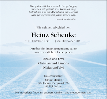 Traueranzeige von Heinz Schenke von Neue Osnabrücker Zeitung GmbH & Co. KG