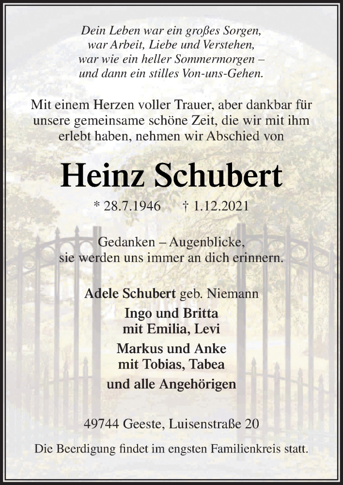  Traueranzeige für Heinz Schubert vom 03.12.2021 aus Neue Osnabrücker Zeitung GmbH & Co. KG