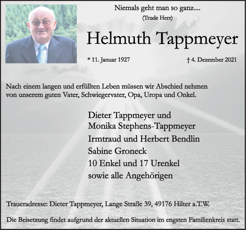  Traueranzeige für Helmuth Tappmeyer vom 07.12.2021 aus Neue Osnabrücker Zeitung GmbH & Co. KG
