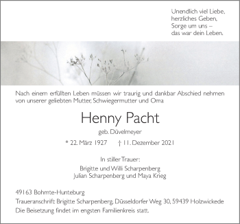 Traueranzeige von Henny Pacht von Neue Osnabrücker Zeitung GmbH & Co. KG